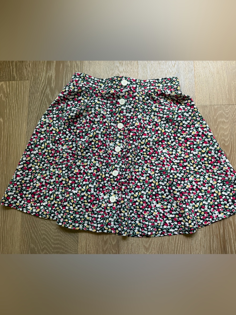 Black Floral Button-Front Mini Skirt with Pink, White & Yellow Flowers
